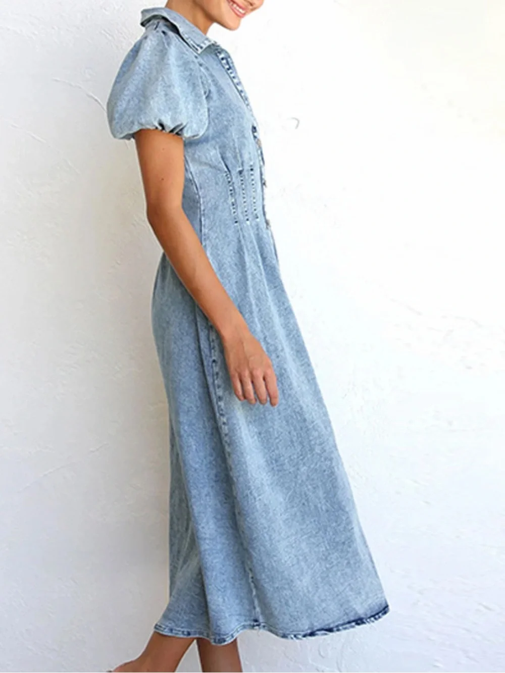 🩵 Puff Sleeve Button Front Denim Midi Dress Light Blue - Picture 4 of 9